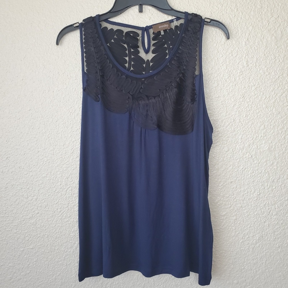 crosby top navy blue sleeveless blouse black embroidery detail size L woman boho